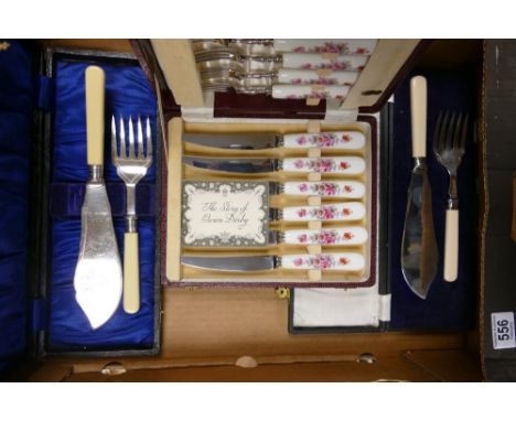 Cased Royal Crown Derby knife and fork set together with two cased fish knifes and fork sets 