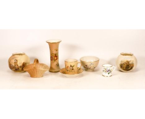 A Collection of Royal Worcester and Grainger &amp; Co. Ivory Blush items to include Coffee Can, Globular Vases, Basket, Teabo