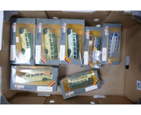 A collection of Boxed Corgi Classics Model Buses including AEC 599/7, 599/4 599/2, Bedford Type OB Coach x 4 etc  (7) 