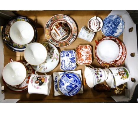 A mixed collection of items to include Japanese eggshell cups &amp; saucers, Crown Derby pin dishes, Spode blue &amp; white, 