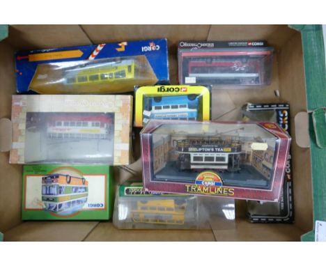 A collection of Boxed Corgi  Model Buses including Tramlines Croydon Tram, Feltham Tram, Limited edition London United Coach 