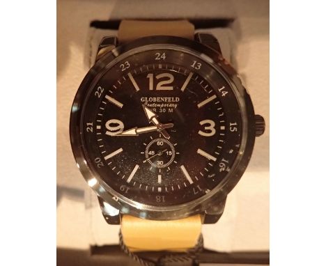 New boxed black face chronometer Globenfeld wristwatch on brown leather strap