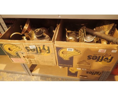 Two boxes of assorted brassware including bellows, lamp etc