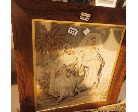 Antique oak tapestry in frame of Flight into Egypt   CONDITION REPORT:  Some fading but picture still clean, no tears or torn