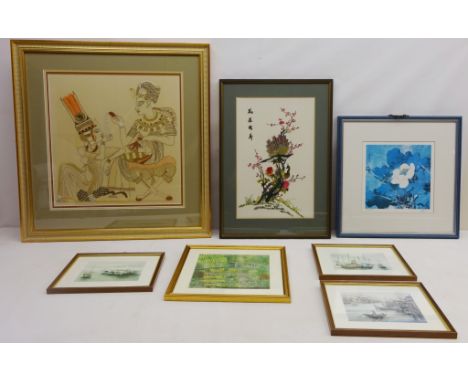 Oriental silk panel depicting birds on Blossom Tree, Egyptian FIgures, embroidered panel and five prints max 44cm x 43cm (7) 