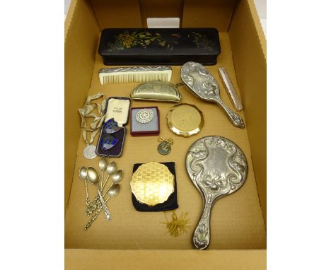 19th century Japanese lacquer glove box, Royal Navy lapel badge, Art Nouveau style dressing table set, two shield shaped enam