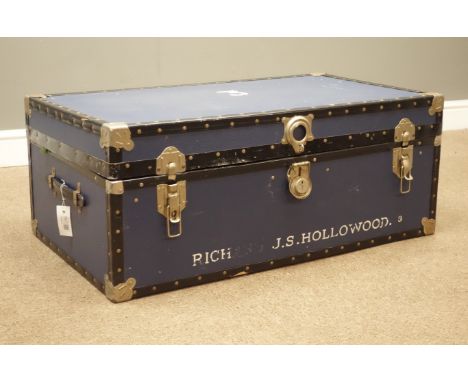 20th century blue travelling trunk with an artificial Christmas tree   Condition Report   Click here for further images, cond
