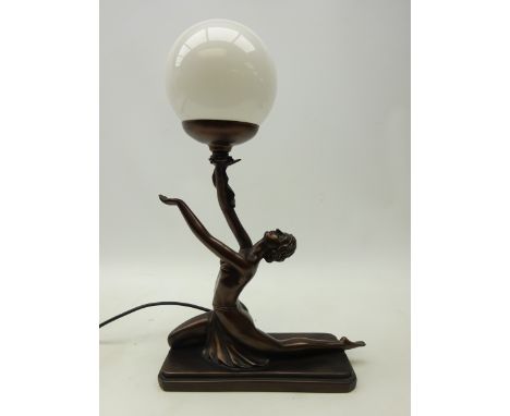 Art Deco style figural table lamp by Crosa with globular glass shade, H46cm    Condition Report   Click here for further imag