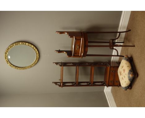 Mahogany four tier stand with two drawers (W37cm, H108cm, D19cm), an inlaid octagonal table, circular gilt mirror, footstool 