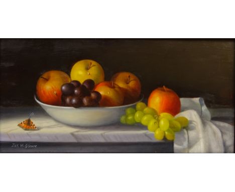 Still Life of Apples, Grapes and a Butterfly, oil on panel signed by Erik W Gleave (British 1916- 1995) 19.5cm x 40cm    Cond