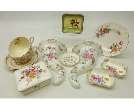 Pair of Royal Worcester cornucopia shaped wall pockets, two Copeland 'Fairy Dell' cups and saucers, Royal Doulton 'The Battle