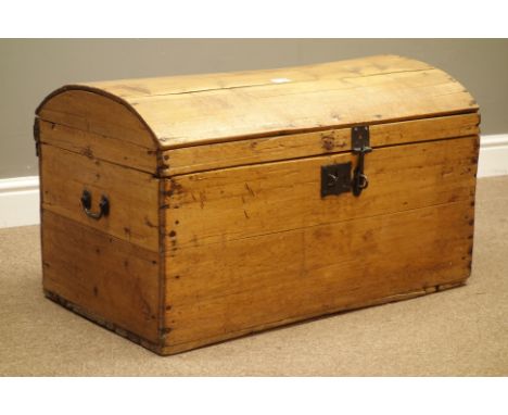 19th century polished and waxed pine dome top trunk with wrought metal lock and fittings, W81cm, H46cm, D46cm   Condition Rep