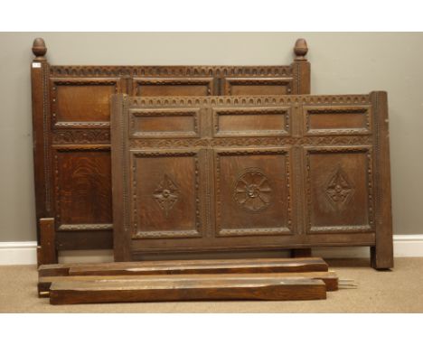 19th century panelled oak four poster headboard and footboard, arcade and lunette carved, panels beaded with egg and dart dec