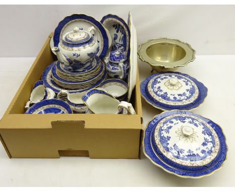 Royal Doulton 'Real Old Willow' pattern dinner service for six persons with a teapot, Ringtons teapot and a silver-plated bow