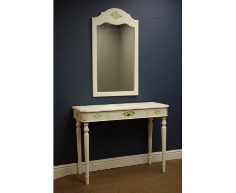 White finish console table with painted detail and single drawer (W102cm, H76cm, D41cm), and matching wall mirror (56cm x 100