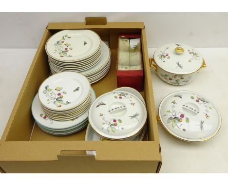 Royal Worcester 'Strawberry Fair' part dinnerware with gilt rim and a set of six side plates with turquoise rim    Condition 