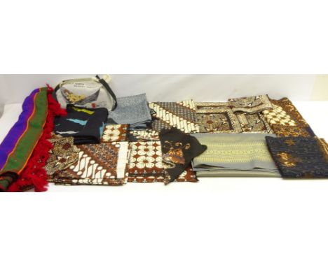 Woven Moroccan throw with fringed, Mayan hammock, Indonesian Gurda Batik place mats and runners, silk shawl, Indian Sherwan e