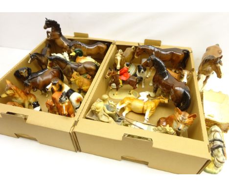 Beswick rearing horse, two Beswick bay horses and Beswick foal, Border Fine Arts fox and other ceramic animal models in two b