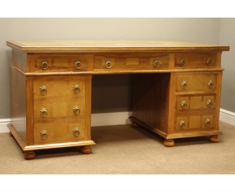 Mango wood and flagstone twin pedestal desk fitted with six drawers, single cupboard and keyboard slide, W166cm, H81cm, D81cm