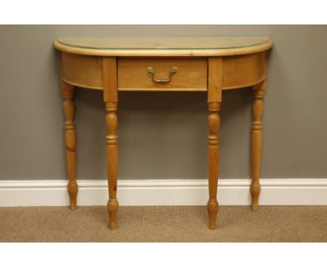 Pine console table with drawer, turned supports, W93cm, H75cm, D30cm   Condition Report   Click here for further images, cond