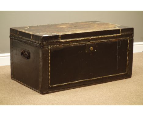 Early 20th century wooden and leather trunk, decorated with brass stud work, wrought metal carrying handles, W93cm, H46cm, D5