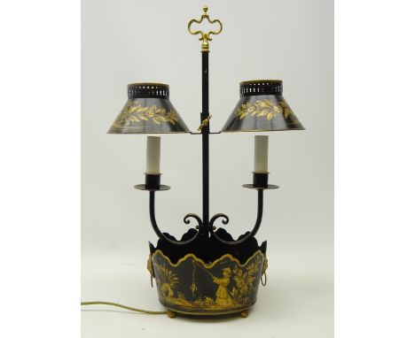Twin branch bouillotte cast metal table lamp, with painted Chinoiserie design, H58cm    Condition Report   Click here for fur