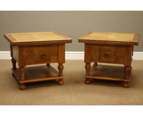 Mango wood and flagstone pair lamp table, both with single drawer and undertier, turned supports, W60cm, H50cm, D60cm   Condi