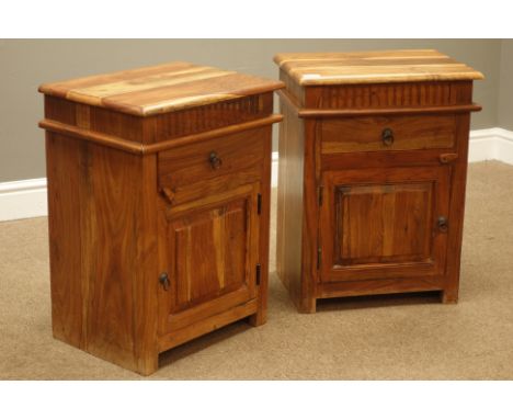 Pair hardwood bedside/lamp cabinets fitted with single drawers and panelled cupboards, W45cm, H60cm, D34cm   Condition Report