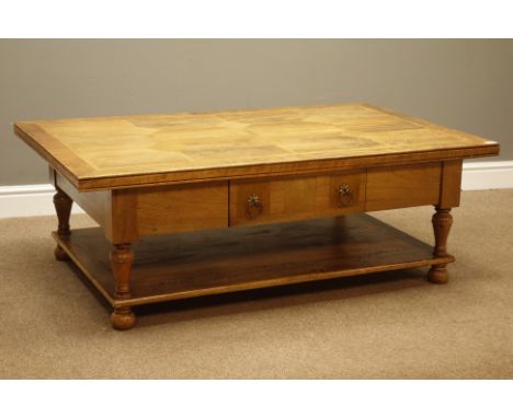 Mango wood and flagstone two tier coffee table on turned supports, two drawers, 130cm x 80cm, H45cm   Condition Report   Clic
