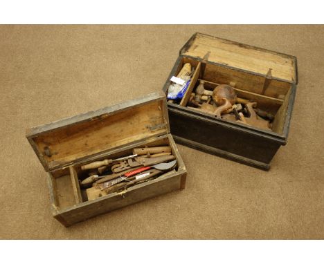 Late 19th century black painted pine tool chest, another tool chest and contents, various vintage tools   Condition Report   