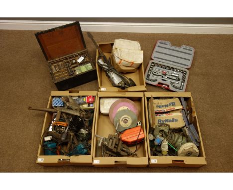Various tools and wood working accessories including box of drill bits, socket set etc... in six boxes   Condition Report   C