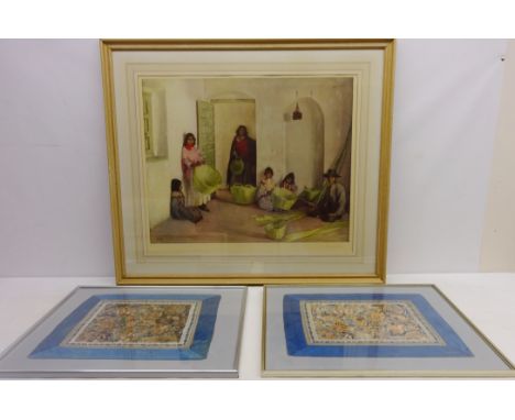 Pair Chinese silk embroidered panels 36cm x 39cm and The Basket Makers, colour print signed by Gerald Kelly pub. 1958 by Fros