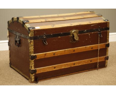20th century wood and canvas bound dome top travelling trunk, W84cm, H53cm, D48cm   Condition Report   Click here for further