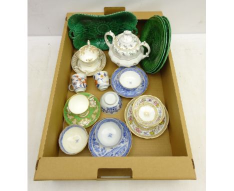 Early 19th century J & W Ridgway cup and saucer, two other similar age cups and saucers, twin handled sucrier and cover, two 