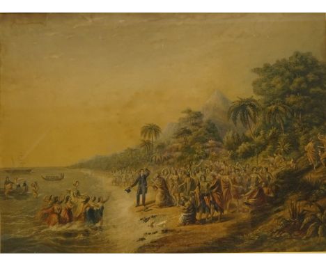 'The Rev. J. Waterhouse Superintending the Landing of MIssionaries at Taranaki, New Zealand', 19th century colour Baxter prin