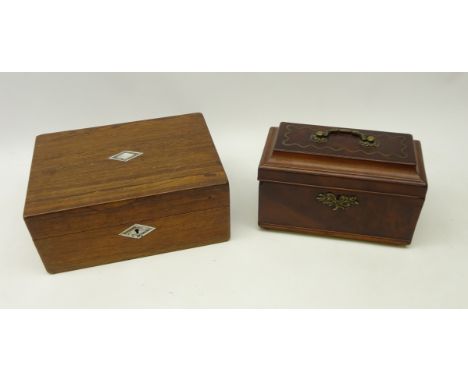 19th century mahogany lead lined tea caddy with brass inlay and mounts and a Victorian rosewood and mother of pearl inlaid wo
