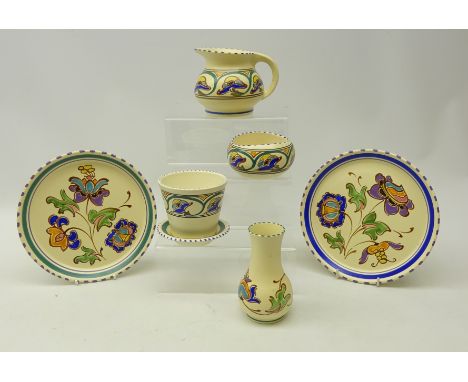 Collection of 1930's Honiton pottery including two plates, jug, planter & stand and sugar bowl (7)   Condition Report   Click