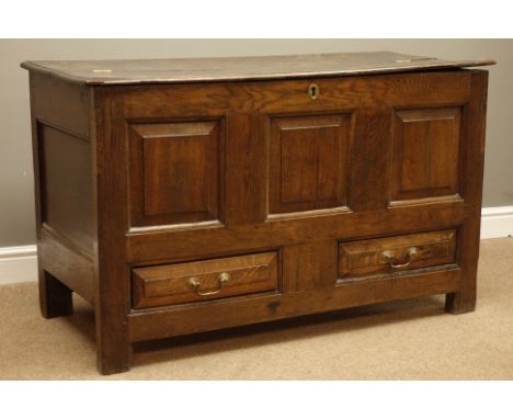 Late 17th century oak mule chest, moulded half hinged rectangular top, three panel front with two drawers, stile supports, W1