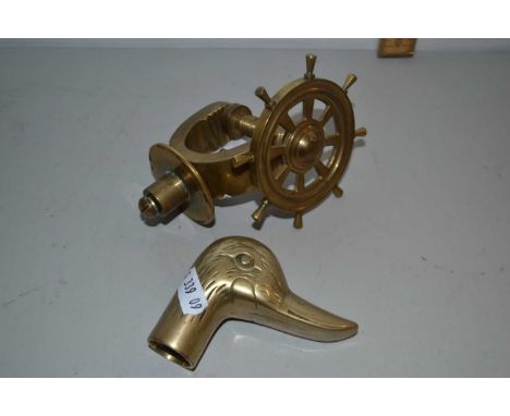 Ship's wheel style nutcracker, together with a brass walking stick mount in the form of a duck's head