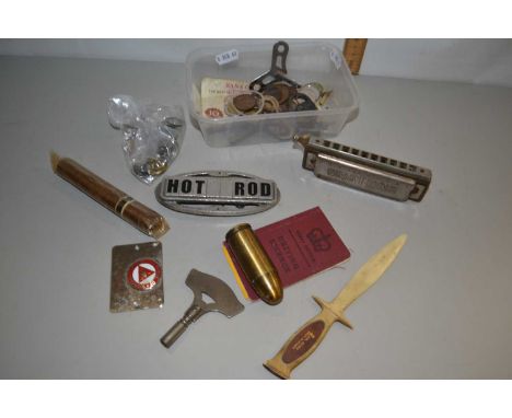 Box of various mixed items to include a mouth organ, vintage cigar, a Hunter bullet lighter etc