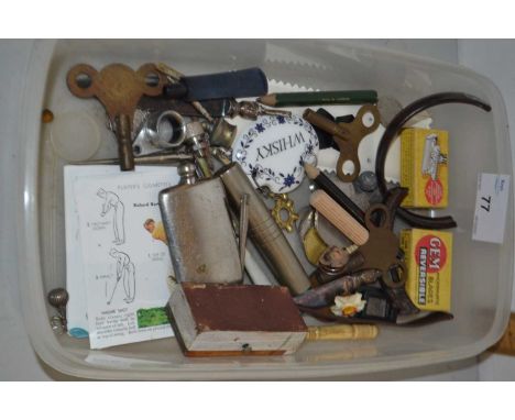 Box of various mixed items to include clock keys, tortoiseshell mounted box etc