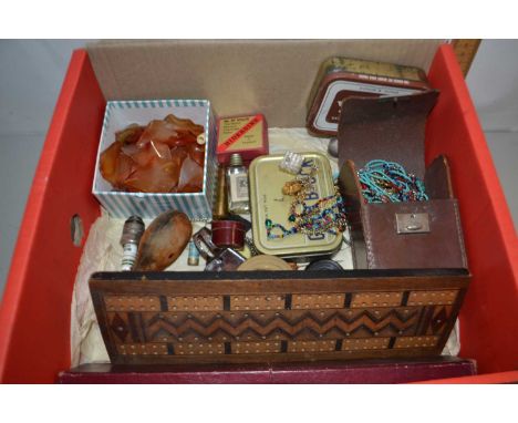 Box of various mixed item to include assorted costume jewellery, cribbage board etc