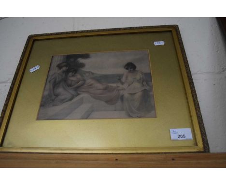Study of three classical ladies seated before a seascape, gilt framed, indistinctly signed