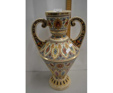 Zsolnay Pecs style continental double handled vase, no makers marks apparent