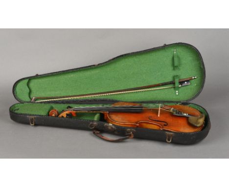 A 19th century full size German Ammatti copy violin
The 14 inch body with two piece back, inlaid with a Gothic castle, the in