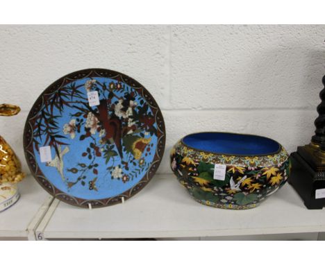 A Chinese enamel circular dish and an oval jardiniere.