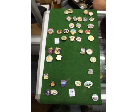 A collection of enamel badges.