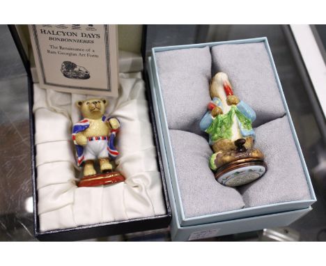 A Halcyon Days enamel box modelled as Peter Rabbit together with a Halcyon Days model of an English Teddy bear.