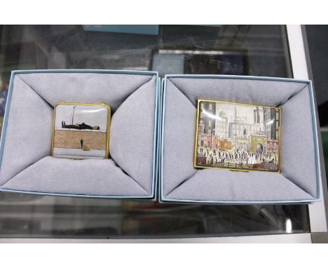 Two Halcyon Days limited edition enamel boxes relating to L S Lowry.