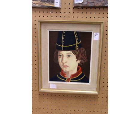 A portrait of a young boy wearing a felt hat and jacket, oil on board.